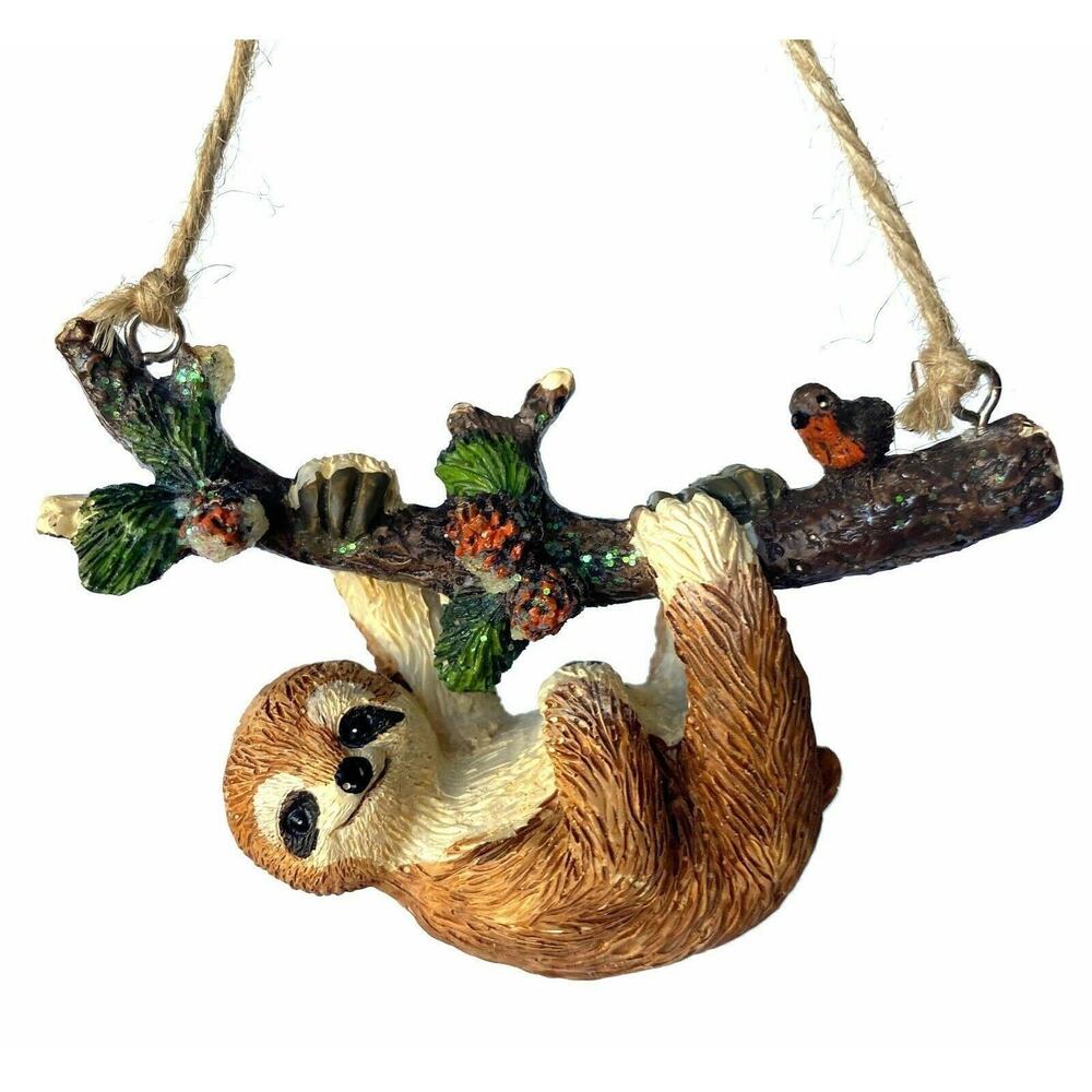Sloth‎ Christmas Ornament Branch w/ Cardinal Berries Ceramic Jungle Animal